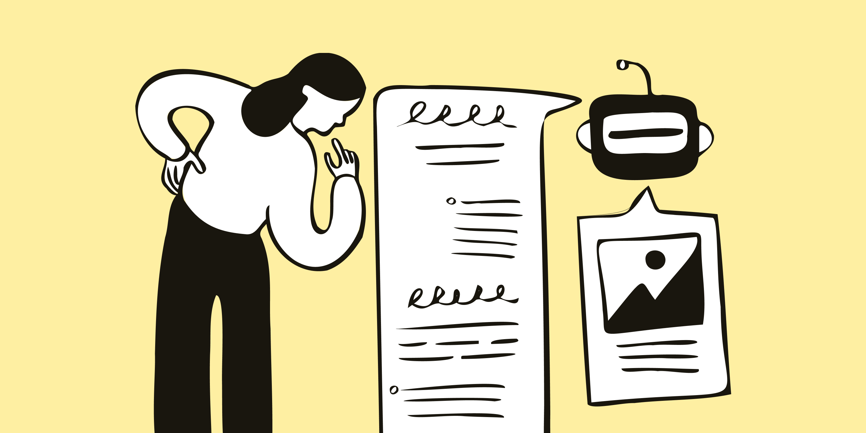 A person reviewing AI-generated content and pondering their next prompt, depicting the deliberate, thoughtful approach to crafting effective AI prompts that help charities get the best results from tools like ChatGPT.