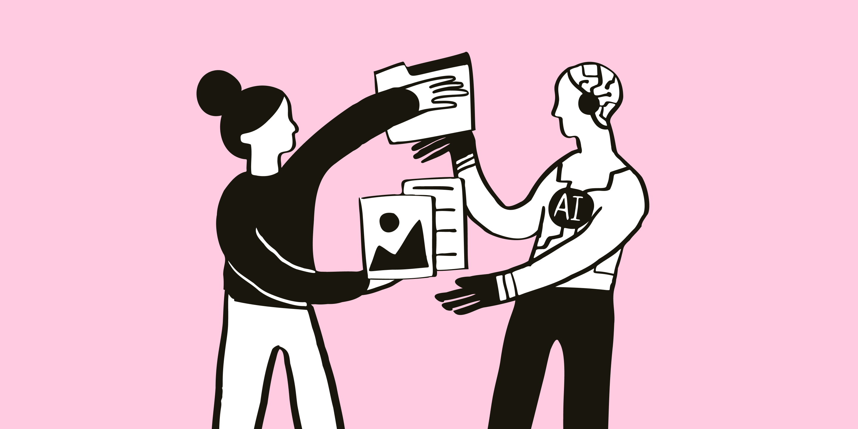 A hand-drawn illustration of a human and an AI humanoid figure interacting, symbolising the dos and don'ts of using AI responsibly in charitable organisations.