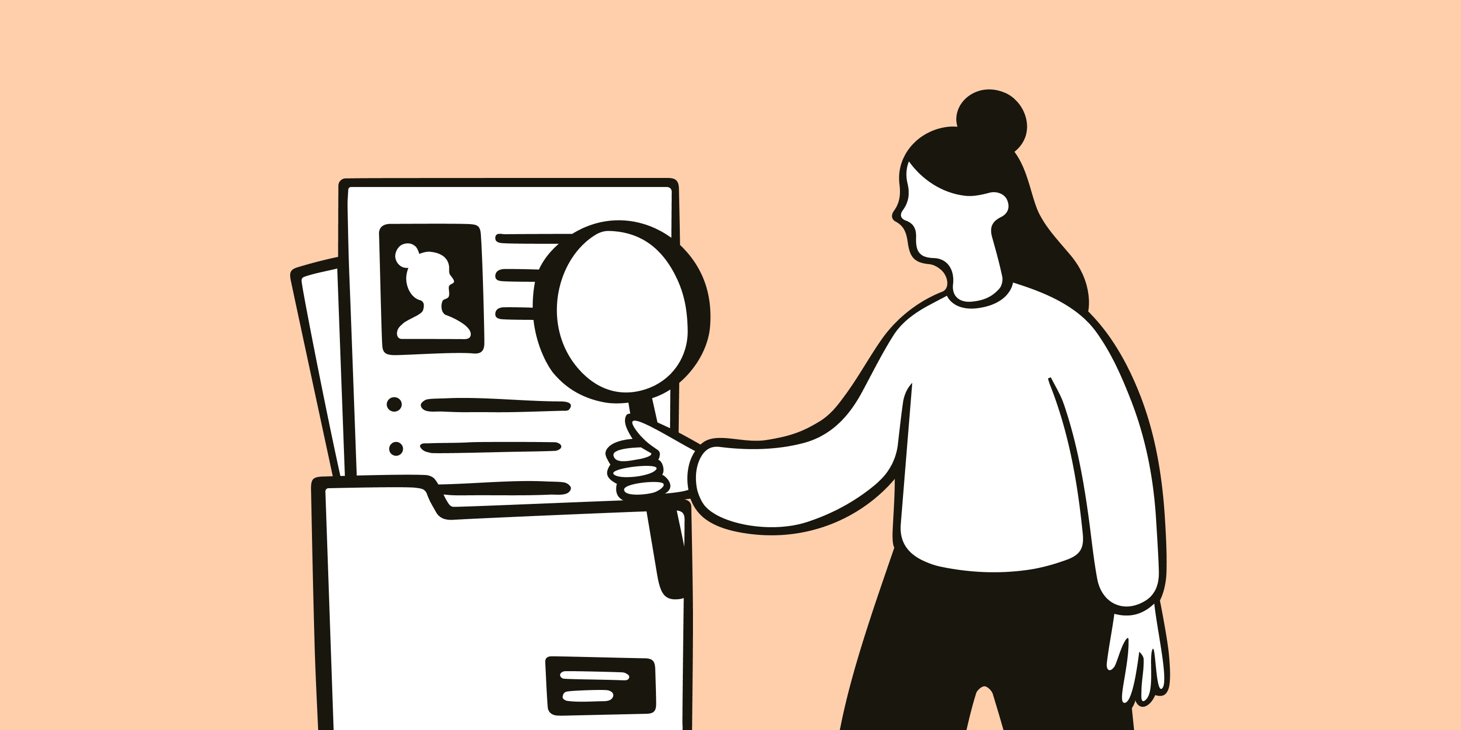 A person searching through a file with a magnifying glass, illustrating the careful, methodical process of auditing a charity website's content to identify what should be kept, improved or removed.